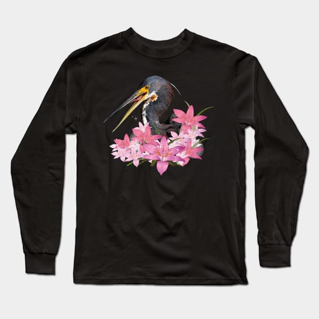 Tricolor Egret Long Sleeve T-Shirt by obscurite